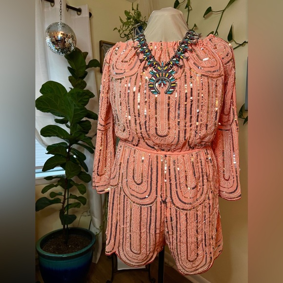 🎀 Main Strip Pink Sequin Romper, Barbie, NFR Fashion, Women’s Size Large, NWT - Picture 7 of 15